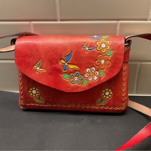 New Hand tooled Mexican Floral Red Leather Bag